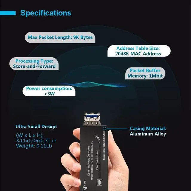 Alt view image 6 of 7 - Elenzk Micro Gigabit Fiber Media Converter, 10/100/1000Mbps Ethernet to SFP, 1310nm SM 20km, DC 5V USB-C Powered, Ultra Compact