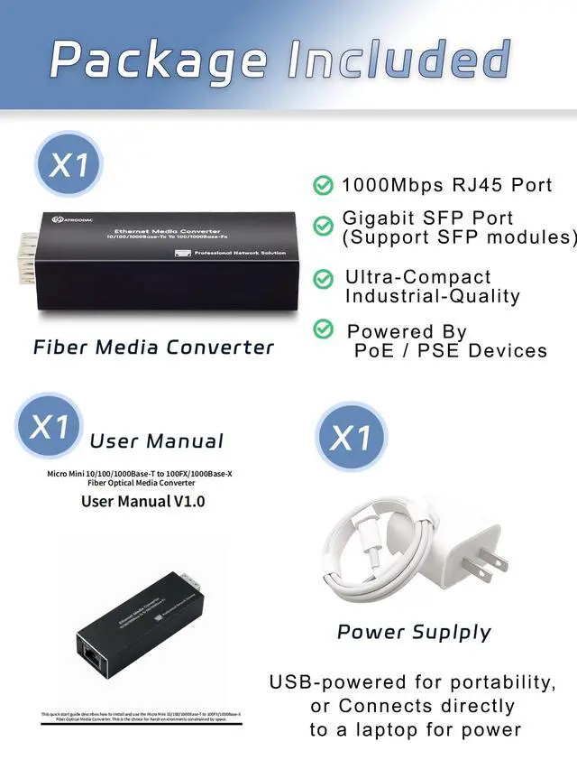Alt view image 7 of 7 - Mini Gigabit Fiber Media Converter Plug and Play Fiber to Ethernet Converter 10/100/1000BASE-Tx RJ45 to 100/1000BASE-SX SFP Slot Compact Ethernet Converter Support POE Power