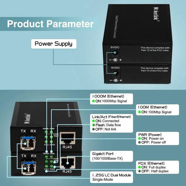 Alt view image 3 of 7 - Gigabit SFP to RJ45 Converter, A Pair 2 Pack Single-Mode Fiber to Ethernet Media Converter, 10/100/1000Mbps RJ45 Port, 1000Base-LX SFP Module 1310nm up to 20KM