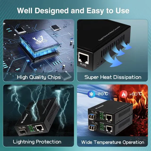 Alt view image 4 of 7 - Gigabit SFP to RJ45 Converter, A Pair 2 Pack Single-Mode Fiber to Ethernet Media Converter, 10/100/1000Mbps RJ45 Port, 1000Base-LX SFP Module 1310nm up to 20KM