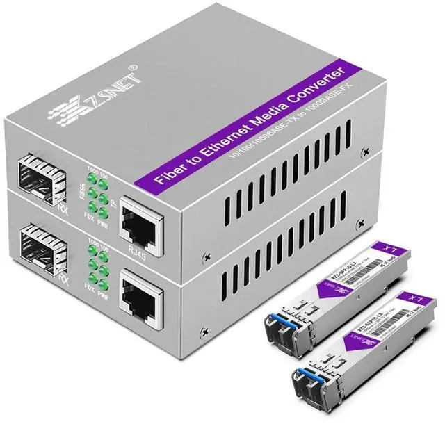 Main image of A Pair of 1.25G/s Gigabit Single-Mode Dual LC Fiber to Ethernet RJ45 Media Converter for 10/100/1000Base-Tx to 1000Base-LX (with 2PCS SFP to LC Module), 1310nm, SMF, up to 20-km