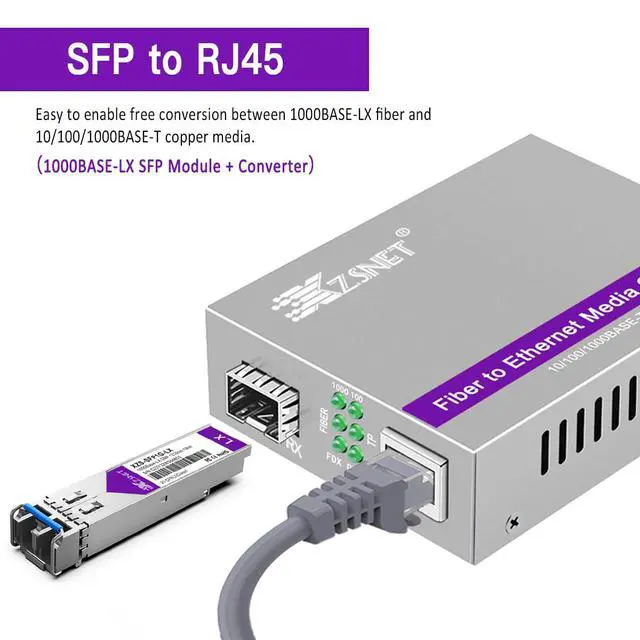 Alt view image 2 of 7 - A Pair of 1.25G/s Gigabit Single-Mode Dual LC Fiber to Ethernet RJ45 Media Converter for 10/100/1000Base-Tx to 1000Base-LX (with 2PCS SFP to LC Module), 1310nm, SMF, up to 20-km