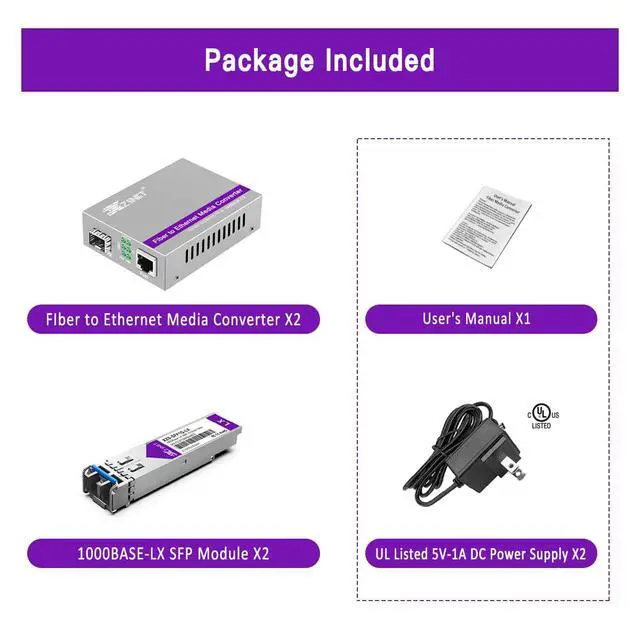 Alt view image 7 of 7 - A Pair of 1.25G/s Gigabit Single-Mode Dual LC Fiber to Ethernet RJ45 Media Converter for 10/100/1000Base-Tx to 1000Base-LX (with 2PCS SFP to LC Module), 1310nm, SMF, up to 20-km