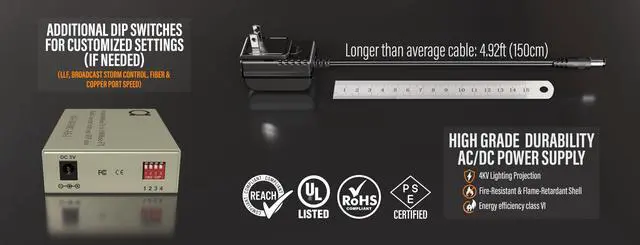 Alt view image 4 of 7 - Multimode Gigabit Fiber Media Converter - Built-In Fiber Module 2 km (1.24 miles) SC to UTP Cat5e Cat6 10/100/1000 RJ-45 Auto Sensing Gigabit or Fast Ethernet Speed - Jumbo Frame - LLF Support