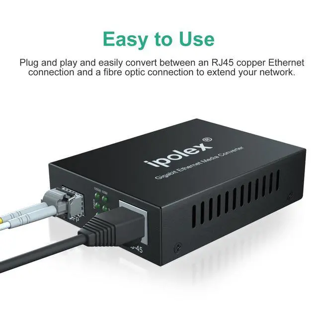 Alt view image 2 of 7 - Gigabit Single-Mode LC Fiber to Ethernet Media Converter with SFP LX Module, 1.25G SFP Fiber to Copper RJ45, 1000Base-LX to 10/100/1000Base-TX, 1310nm, SMF, Transmission up to 20-KM