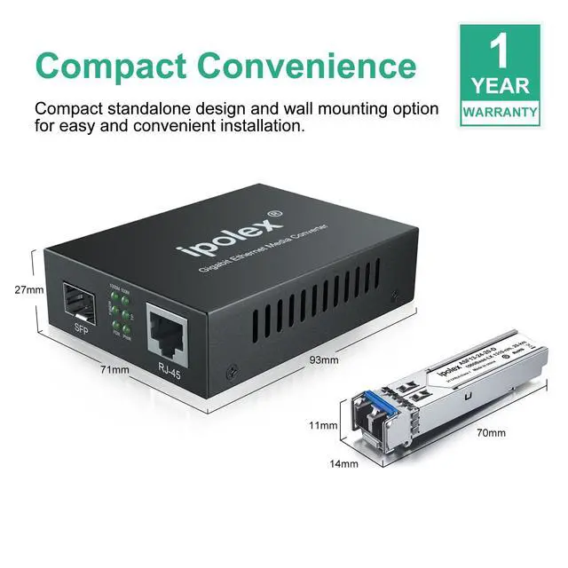 Alt view image 7 of 7 - Gigabit Single-Mode LC Fiber to Ethernet Media Converter with SFP LX Module, 1.25G SFP Fiber to Copper RJ45, 1000Base-LX to 10/100/1000Base-TX, 1310nm, SMF, Transmission up to 20-KM
