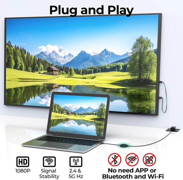 Alt view image 2 of 7 - Wireless HDMI Display Dongle Adapter with PD3.0 100W 4K Decode 1080P@60Hz Output,98FT/30M USB-C to HDMI Transmitter and Receiver Stream Video from Laptop/PC/Smartphone to Monitor