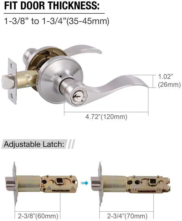Alt view image 3 of 6 - Door Levers Interior Keyed Difference Entry Front/Bedroom Door Handles for Left and Right Opened Door with Lock and Keys Set in Satin Nickel