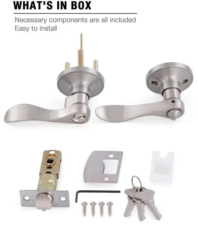 Alt view image 6 of 6 - Door Levers Interior Keyed Difference Entry Front/Bedroom Door Handles for Left and Right Opened Door with Lock and Keys Set in Satin Nickel