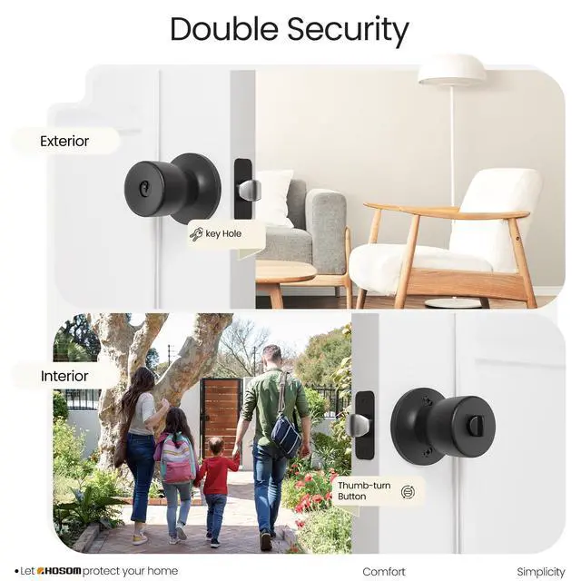 Alt view image 4 of 7 - Door Knob with Lock and Key, Matte Black Door Knobs Exterior Door Knob for Bedroom and Bathroom, Keyed Entry Door Knob Interior, Stainless Steel Door Handle,1 Pack