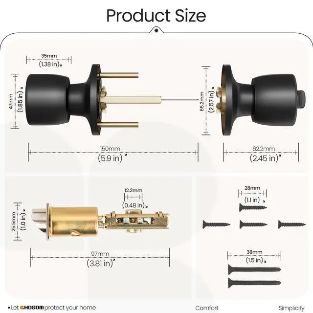 Alt view image 7 of 7 - Door Knob with Lock and Key, Matte Black Door Knobs Exterior Door Knob for Bedroom and Bathroom, Keyed Entry Door Knob Interior, Stainless Steel Door Handle,1 Pack