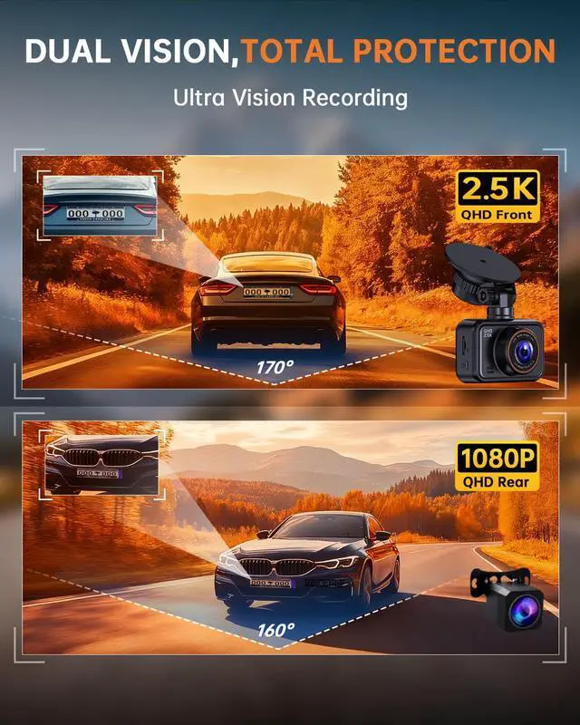 Alt view image 3 of 7 - 2.5K Front + 1080P Rear Dual Dash Cam, WDR Night Vision, 130° Wide Angle, Parking Monitor, G-Sensor, Loop Recording, Supercapacitor, 32GB Card Included, Supports 256GB Max