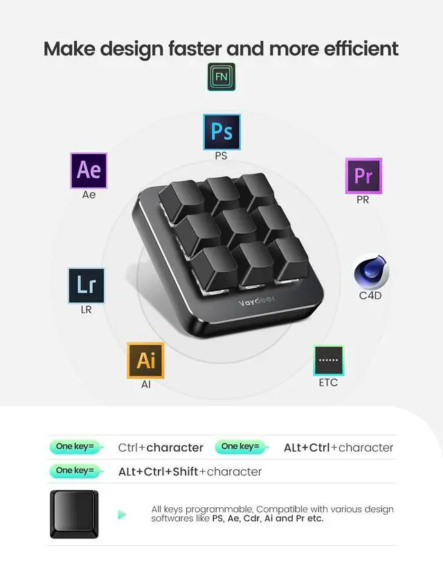 Alt view image 7 of 7 - One-Handed Mechanical Keyboard Support NKRO, Hotkeys, One-Click Start,9 Fully Programmable Keys with Floating Window and Macro Multifunctional Keypad for iOS,Windows, Gift Idea for Him/Her