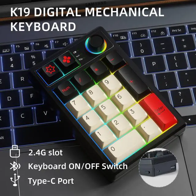 Alt view image 4 of 7 - K19 Wireless Numeric Keyboard, Mechanical Number Keypad Hot-swappable Bluetooth Numpad 5.0/2.4GHz, RGB Multi-Function Knob Numerical Keyboard for Laptop Mac Win iOS Android