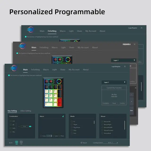 Alt view image 7 of 7 - K19 Wireless Numeric Keyboard, Mechanical Number Keypad Hot-swappable Bluetooth Numpad 5.0/2.4GHz, RGB Multi-Function Knob Numerical Keyboard for Laptop Mac Win iOS Android