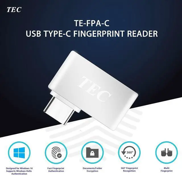 Alt view image 3 of 7 - Type-C Fingerprint Reader for Windows 10 Hello, TEC TE-FPA-C Bio-Metric Fingerprint Scanner PC Dongle for Password-Free and File Encryption, 360° Touch Speedy Matching Security Key