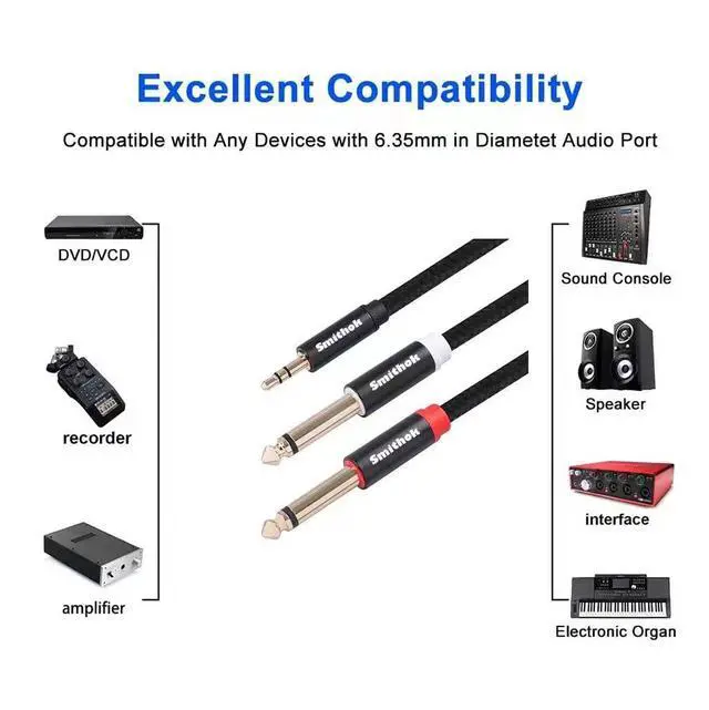 Alt view image 4 of 5 - 2pack 10Ft 3.5mm TRS to Dual 6.35mm Stereo Cable 1/8 TRS to Dual 6.35mm 1/4 TS Mono Y Splitter Audio Cord Adapter for Smartphone, Mixer,PC, CD Player, Speakers and Home Stereo System