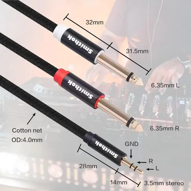 Alt view image 3 of 5 - 2pack 10Ft 3.5mm TRS to Dual 6.35mm Stereo Cable 1/8 TRS to Dual 6.35mm 1/4 TS Mono Y Splitter Audio Cord Adapter for Smartphone, Mixer,PC, CD Player, Speakers and Home Stereo System