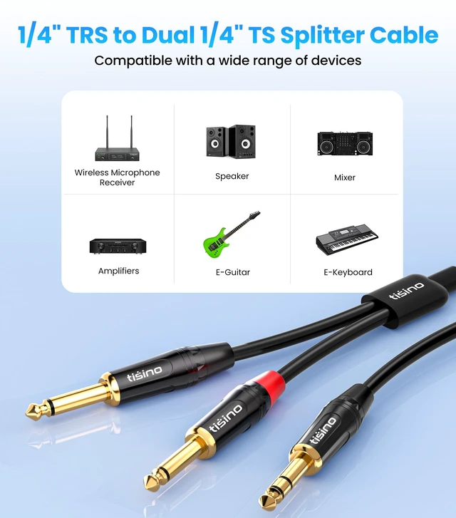 Alt view image 3 of 7 - 1/4 inch TRS Stereo to Dual 1/4 inch TS Mono Insert Cable Y-Splitter Stereo Breakout Cable Patch Cord - 10 feet