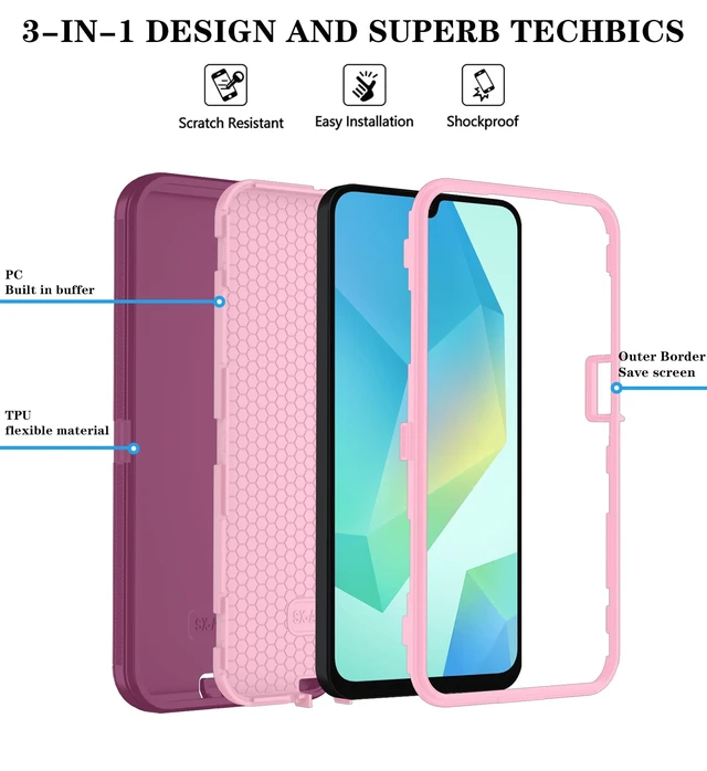 Alt view image 6 of 7 - for Samsung Galaxy A16 5G Phone Case, 3-Layer Cover, WineRedPink | Heavy Duty Shockproof & Dropproof Phone Case with 2 Pack HD Screen Protector for Galaxy A16 5G