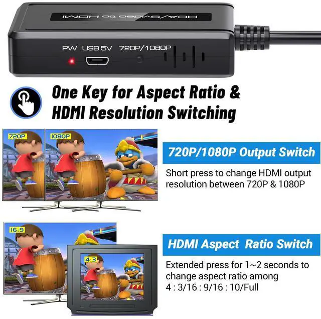 Alt view image 2 of 7 - RCA Svideo to HDMI Converter, Support 4 : 3/16 : 9 Aspect Ratio Switch, 720P/1080P HDMI Output Switch, S-video AV RCA to HDMI converter for VHS/DVD/Wii/PS1/PS2/N64/NGC to Display on HDMI Screen