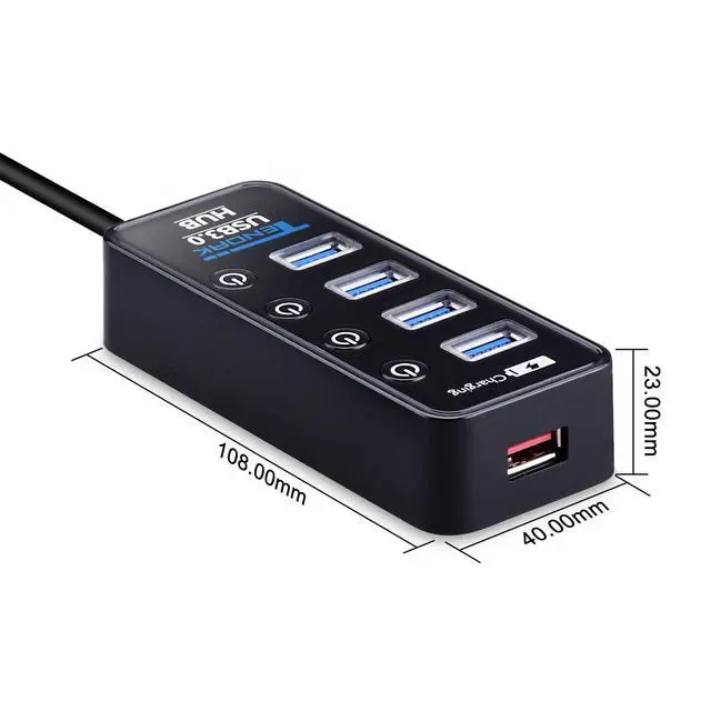 Alt view image 4 of 7 - USB 3.0 Hub - USB Hub with 4 USB 3.0 Data Ports + 1 USB Smart Charging Port and Power Supply Adapter with Individual On/Off Port Switches for MacBook, Mac Pro, HDD