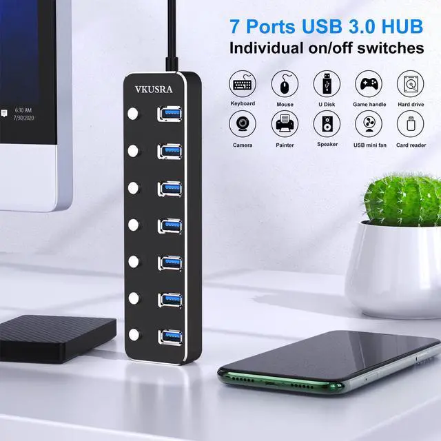 Alt view image 2 of 6 - USB Hub, 7 Port USB Hub 3.0 with 4ft USB Long Cable, and Aluminum USB 3.0 Hub with Individual On/Off Switch and LED Indicator, USB Splitter for Laptop & PC, Power Adapter Not Included
