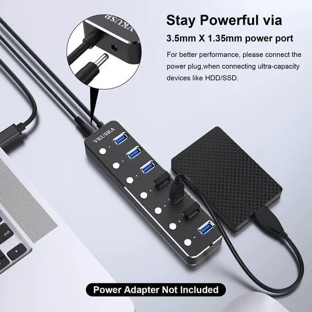 Alt view image 5 of 6 - USB Hub, 7 Port USB Hub 3.0 with 4ft USB Long Cable, and Aluminum USB 3.0 Hub with Individual On/Off Switch and LED Indicator, USB Splitter for Laptop & PC, Power Adapter Not Included