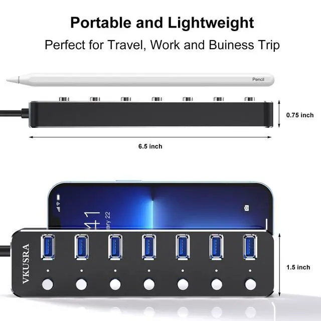 Alt view image 6 of 6 - USB Hub, 7 Port USB Hub 3.0 with 4ft USB Long Cable, and Aluminum USB 3.0 Hub with Individual On/Off Switch and LED Indicator, USB Splitter for Laptop & PC, Power Adapter Not Included