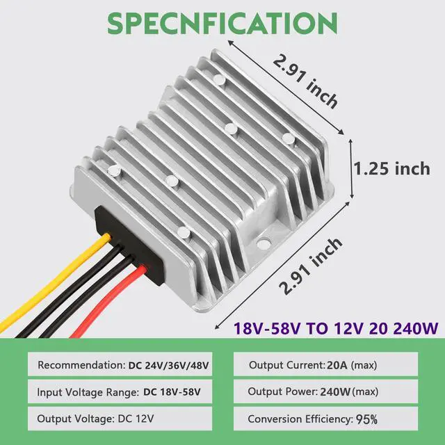 Alt view image 2 of 7 - 20A 240W Golf Cart DC 18V 20V 24V 36V 48V Step Down to DC 12V Converter Voltage Regulator Reducer Power Buck Converter with Fuse(Inputs 18V-58V to 12V 20A)