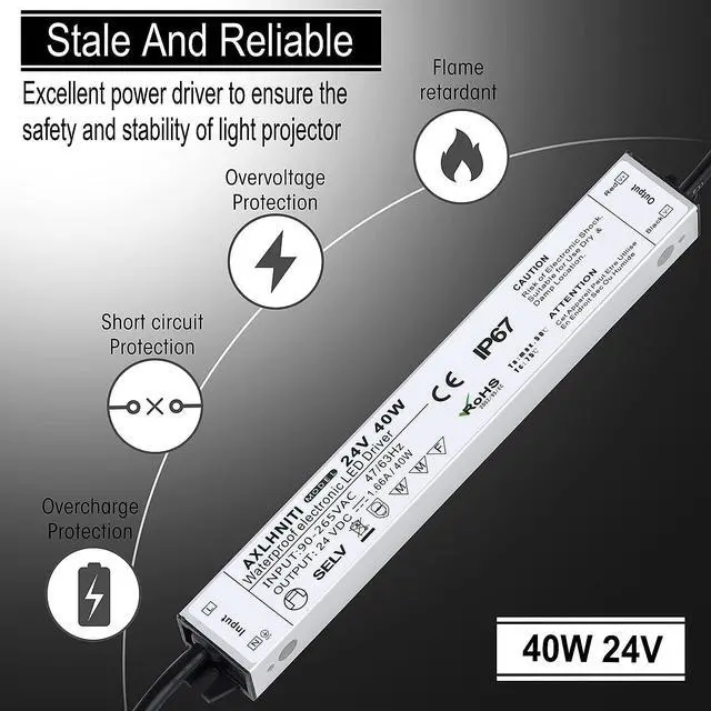 Alt view image 2 of 7 - LED Power Supply 40W, Waterproof IP67, 90V-265V AC to 24V DC, 3-Prong Plug & 3-Ft Cable for LED Strip Lights