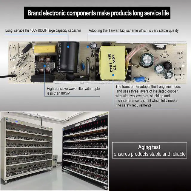 Alt view image 3 of 7 - LED Power Supply 40W, Waterproof IP67, 90V-265V AC to 24V DC, 3-Prong Plug & 3-Ft Cable for LED Strip Lights