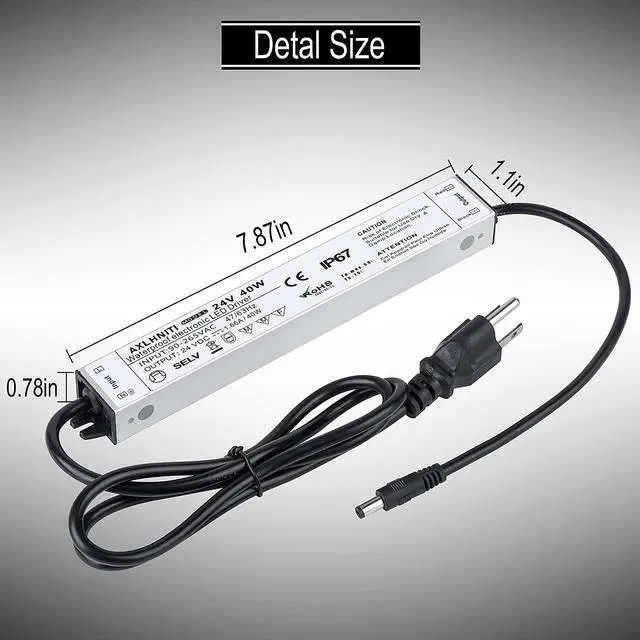 Alt view image 7 of 7 - LED Power Supply 40W, Waterproof IP67, 90V-265V AC to 24V DC, 3-Prong Plug & 3-Ft Cable for LED Strip Lights