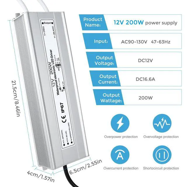 Alt view image 2 of 7 - LED Driver 200W 12V LED Power Supply Transformer Adapter IP67 Waterproof 110V AC to 12V DC Low Voltage Output with 3-Prong Plug 3.3 Feet Cable for LED Strip Lighting, Outdoor Use