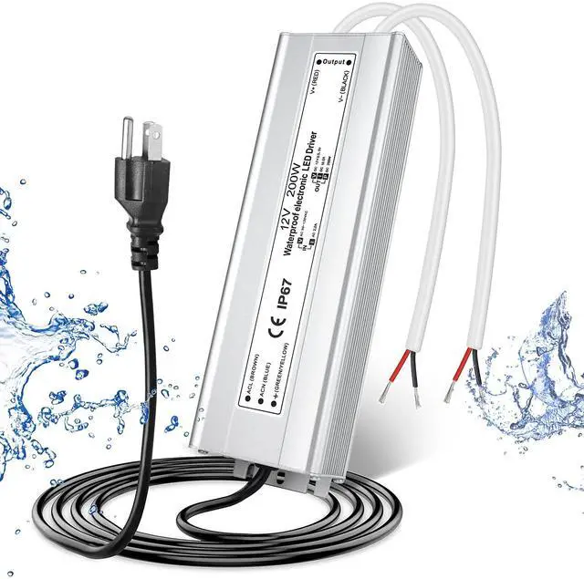 Main image of LED Driver 200W 12V LED Power Supply Transformer Adapter IP67 Waterproof 110V AC to 12V DC Low Voltage Output with 3-Prong Plug 3.3 Feet Cable for LED Strip Lighting, Outdoor Use