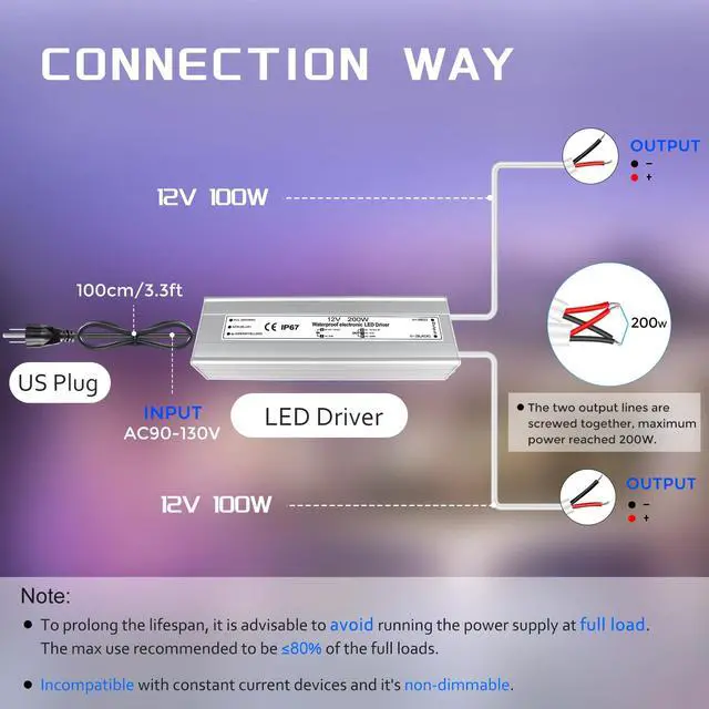 Alt view image 4 of 7 - LED Driver 200W 12V LED Power Supply Transformer Adapter IP67 Waterproof 110V AC to 12V DC Low Voltage Output with 3-Prong Plug 3.3 Feet Cable for LED Strip Lighting, Outdoor Use