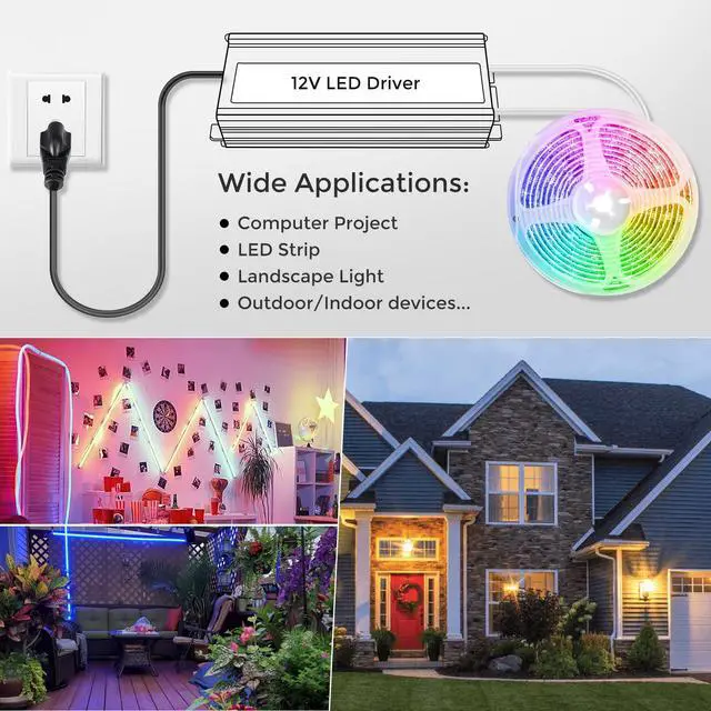 Alt view image 5 of 7 - LED Driver 200W 12V LED Power Supply Transformer Adapter IP67 Waterproof 110V AC to 12V DC Low Voltage Output with 3-Prong Plug 3.3 Feet Cable for LED Strip Lighting, Outdoor Use