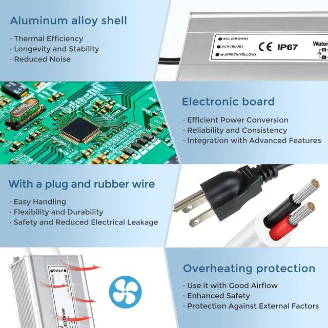 Alt view image 7 of 7 - LED Driver 200W 12V LED Power Supply Transformer Adapter IP67 Waterproof 110V AC to 12V DC Low Voltage Output with 3-Prong Plug 3.3 Feet Cable for LED Strip Lighting, Outdoor Use