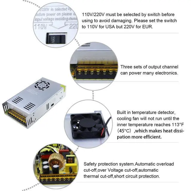 Alt view image 3 of 7 - DC 24V 15A 360W Power Supply Universal Regulated Switching Transformer Adapter LED Driver 110V/220V AC Input for LED Strip CCTV Radio