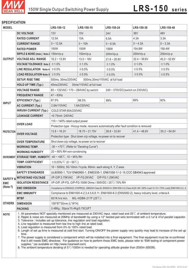 Alt view image 4 of 6 - LRS-150-24 Switching Power Supply, Single Output, 24V, 6.5A, 156W, 6.26" L x 3.82" W x 1.18" H
