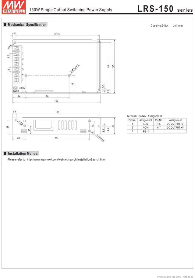 Alt view image 6 of 6 - LRS-150-24 Switching Power Supply, Single Output, 24V, 6.5A, 156W, 6.26" L x 3.82" W x 1.18" H