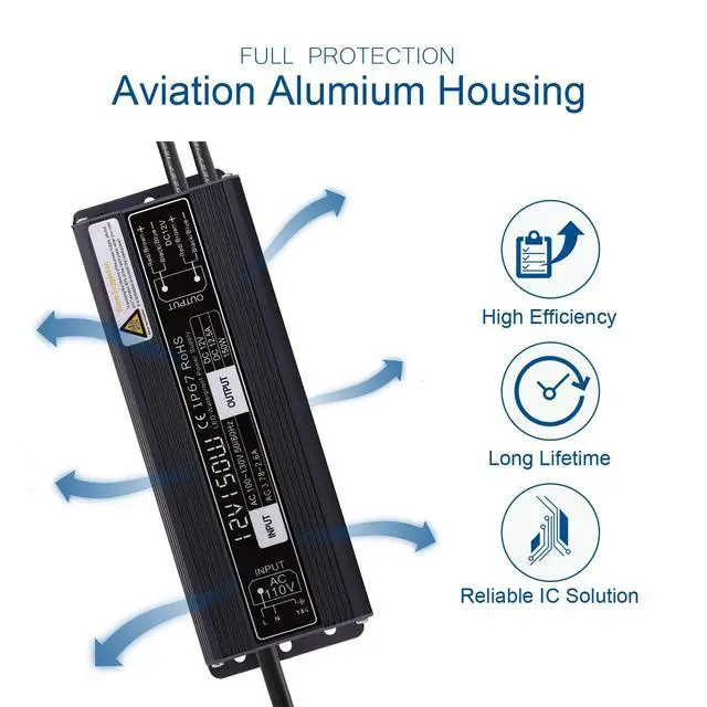 Alt view image 3 of 7 - 150W LED Driver Waterproof IP67 Power Supply, Constant Voltage 120V to 12V Transformer for LED Light Indoor/Outdoor Lights and Any DC Devices