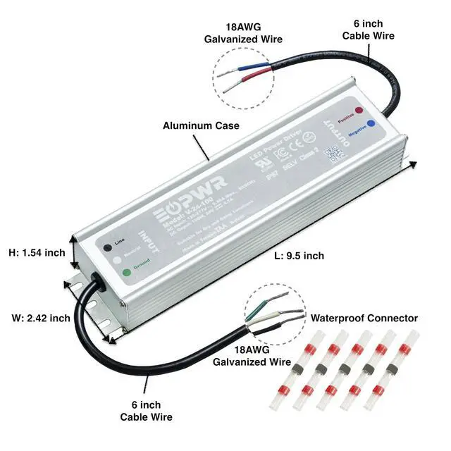 Alt view image 5 of 6 - LED Driver 100W Waterproof IP67 Power Supply AC120-277V to 24V DC Low Voltage Transformer Adapter Constant Voltage for LED Strip UL CE TAA (24V 100W)