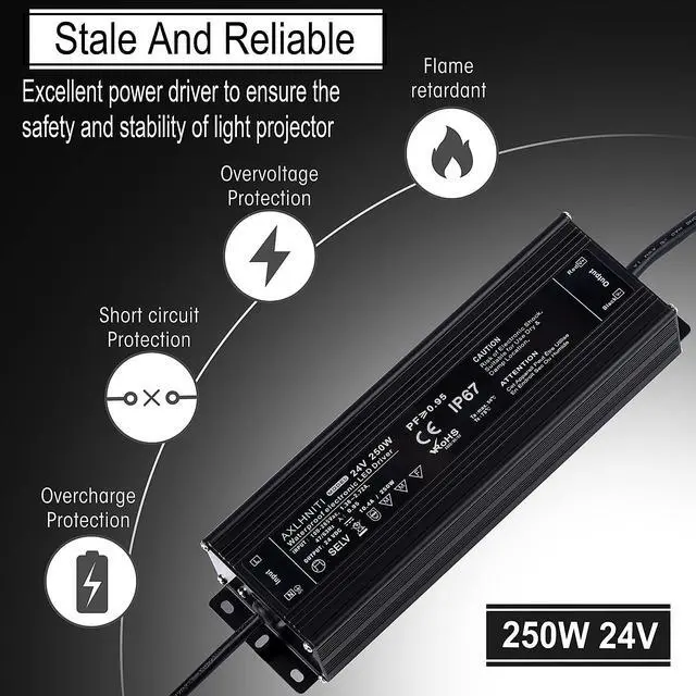 Alt view image 2 of 7 - LED Power Supply 250W, Waterproof IP67, 100V-265V AC to 24V DC, 3-Prong Plug with 3.3 Feet Cable for LED Strip Lights