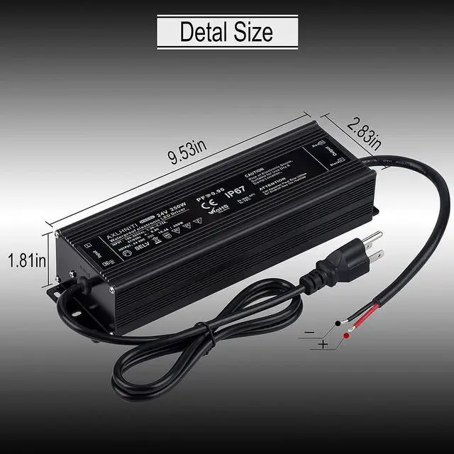 Alt view image 7 of 7 - LED Power Supply 250W, Waterproof IP67, 100V-265V AC to 24V DC, 3-Prong Plug with 3.3 Feet Cable for LED Strip Lights