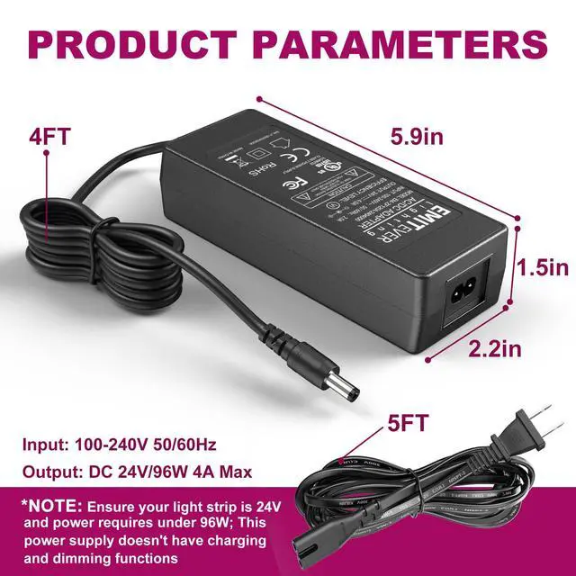 Alt view image 6 of 7 - 24V Power Supply, 96W LED Power Adapter UL-Listed, 120V AC to 24V DC 4A Converter Low Voltage Transformer Class 2 for LED Strip Lights,CCTV Cameras