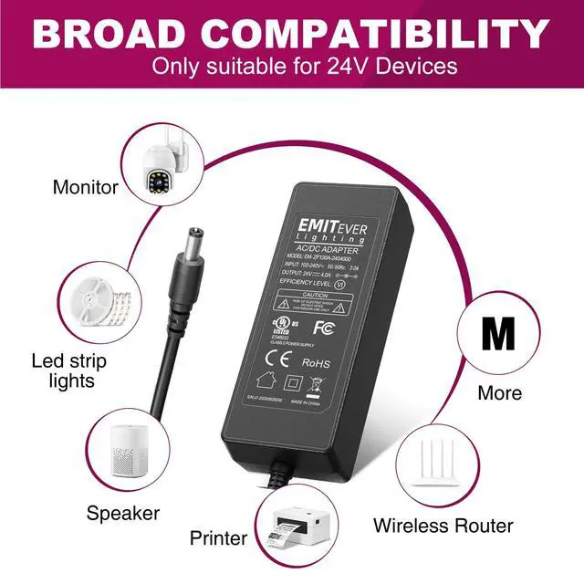 Alt view image 7 of 7 - 24V Power Supply, 96W LED Power Adapter UL-Listed, 120V AC to 24V DC 4A Converter Low Voltage Transformer Class 2 for LED Strip Lights,CCTV Cameras