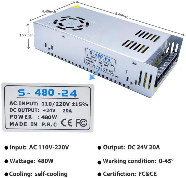 Alt view image 2 of 6 - 24V 20A Switching Converter, Switching Power Supply, AC/DC Voltage Regulator, AC 110V/220V to DC 24V 20A 480W Transformer Power Adapter Converter for LED Strip, LED Display, 3D Printer