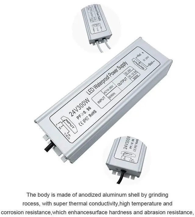 Alt view image 6 of 7 - LED Driver, 300W IP67 Waterproof Outdoor Power Supply, AC 110-260V to DC 24V 12.5A Low Voltage Transformer, Adapter with 3-Prong Plug for LED Light, Computer Project, Outdoor Use