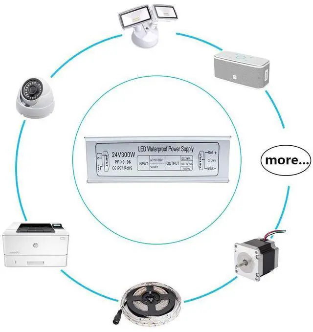 Alt view image 7 of 7 - LED Driver, 300W IP67 Waterproof Outdoor Power Supply, AC 110-260V to DC 24V 12.5A Low Voltage Transformer, Adapter with 3-Prong Plug for LED Light, Computer Project, Outdoor Use